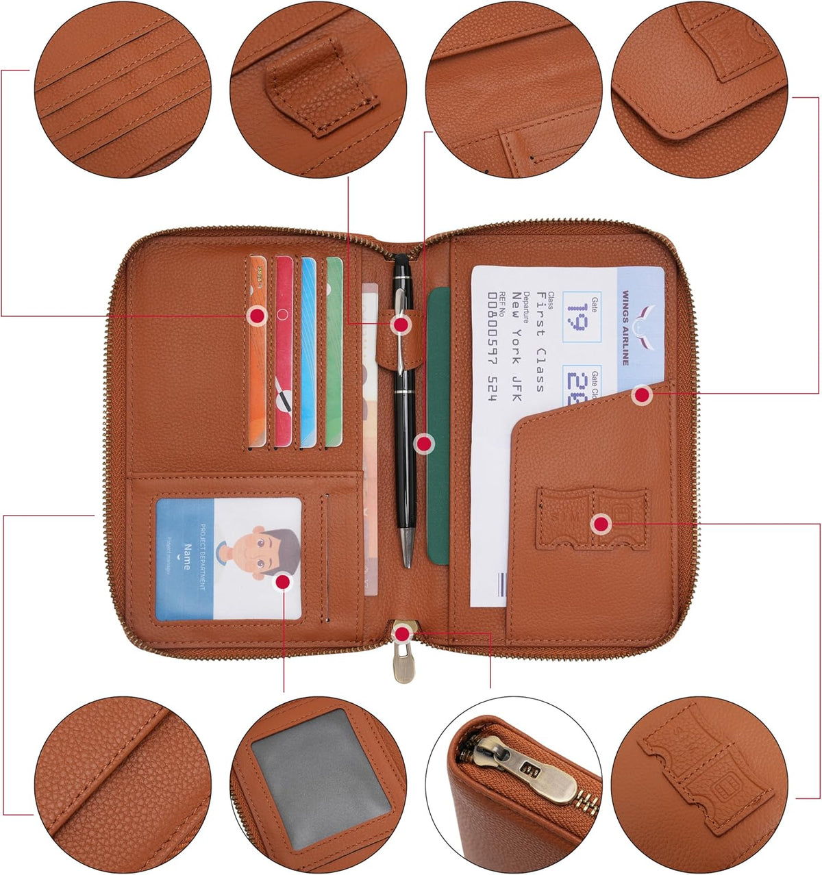 Leather Zipper Travel Passport Wallet Holder RFID Blocking Cover, Passport case Pocket Slot for Card, Cash, ID, Boarding Pass and Ticket for Men, Women and Family Trips (Brown)