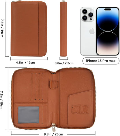 Leather Zipper Travel Passport Wallet Holder RFID Blocking Cover, Passport case Pocket Slot for Card, Cash, ID, Boarding Pass and Ticket for Men, Women and Family Trips (Brown)