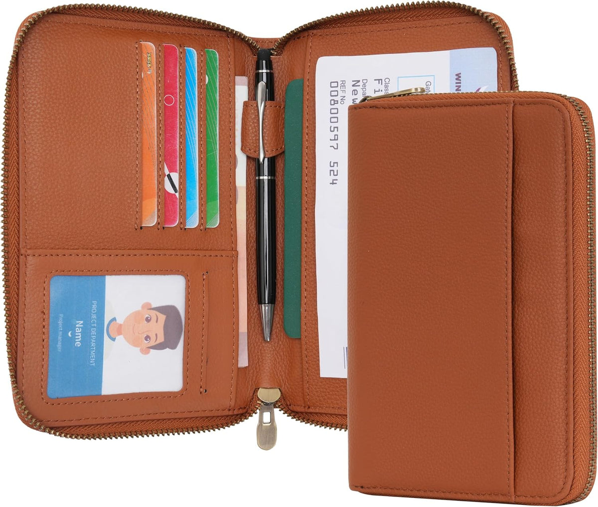 Leather Zipper Travel Passport Wallet Holder RFID Blocking Cover, Passport case Pocket Slot for Card, Cash, ID, Boarding Pass and Ticket for Men, Women and Family Trips (Brown)
