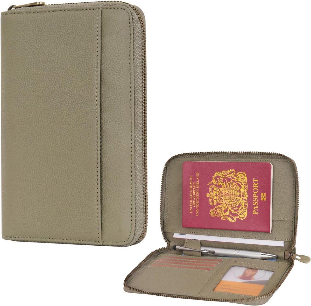 Leather Zipper Travel Passport Wallet Holder RFID Blocking Cover, Passport case Pocket Slot for Card, Cash, ID, Boarding Pass and Ticket for Men, Women and Family Trips (Brown)