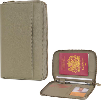 Leather Zipper Travel Passport Wallet Holder RFID Blocking Cover, Passport case Pocket Slot for Card, Cash, ID, Boarding Pass and Ticket for Men, Women and Family Trips (Brown)