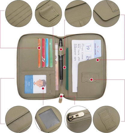 Leather Zipper Travel Passport Wallet Holder RFID Blocking Cover, Passport case Pocket Slot for Card, Cash, ID, Boarding Pass and Ticket for Men, Women and Family Trips (Brown)