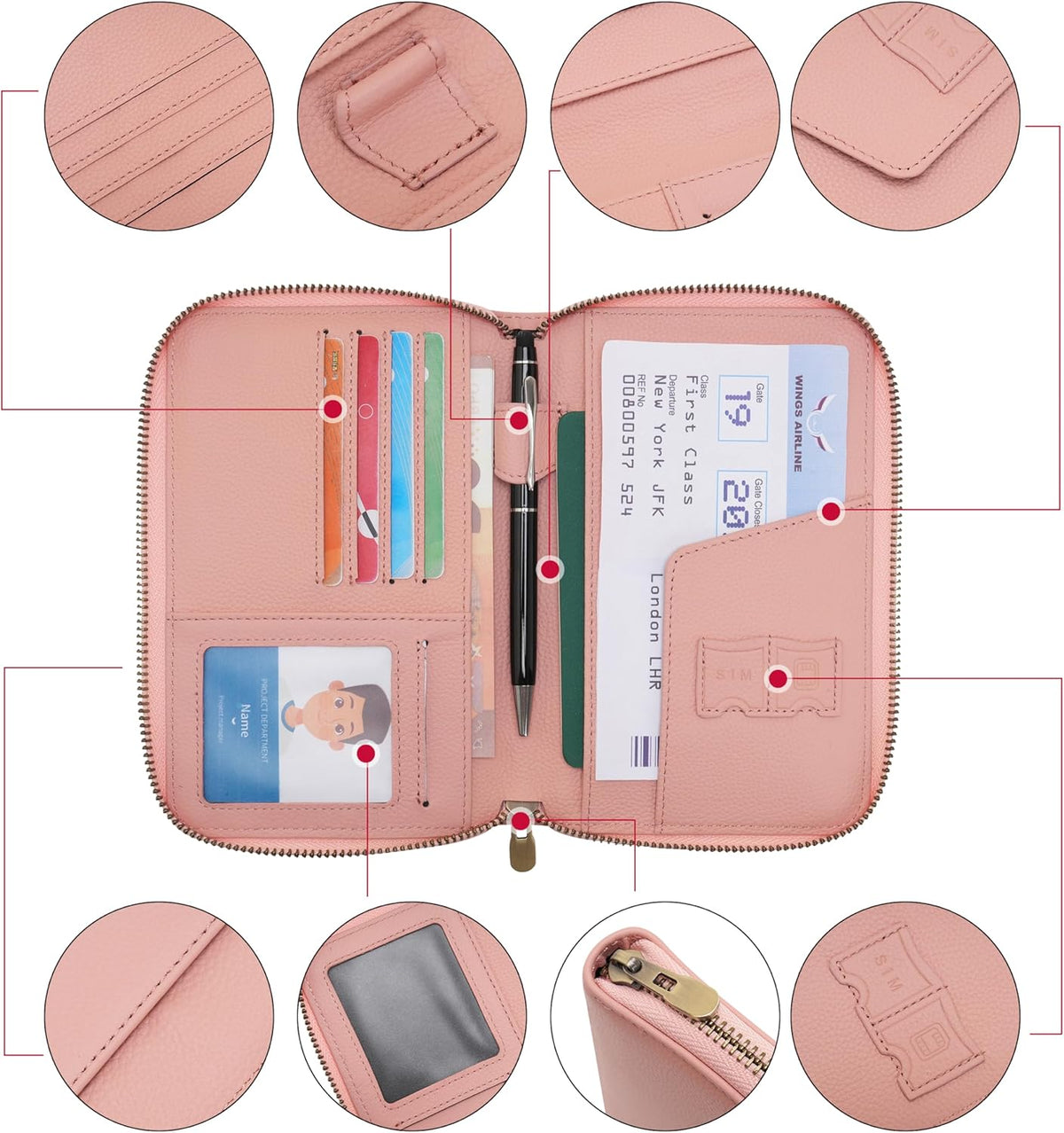 Leather Zipper Travel Passport Wallet Holder RFID Blocking Cover, Passport case Pocket Slot for Card, Cash, ID, Boarding Pass and Ticket for Men, Women and Family Trips (Brown)