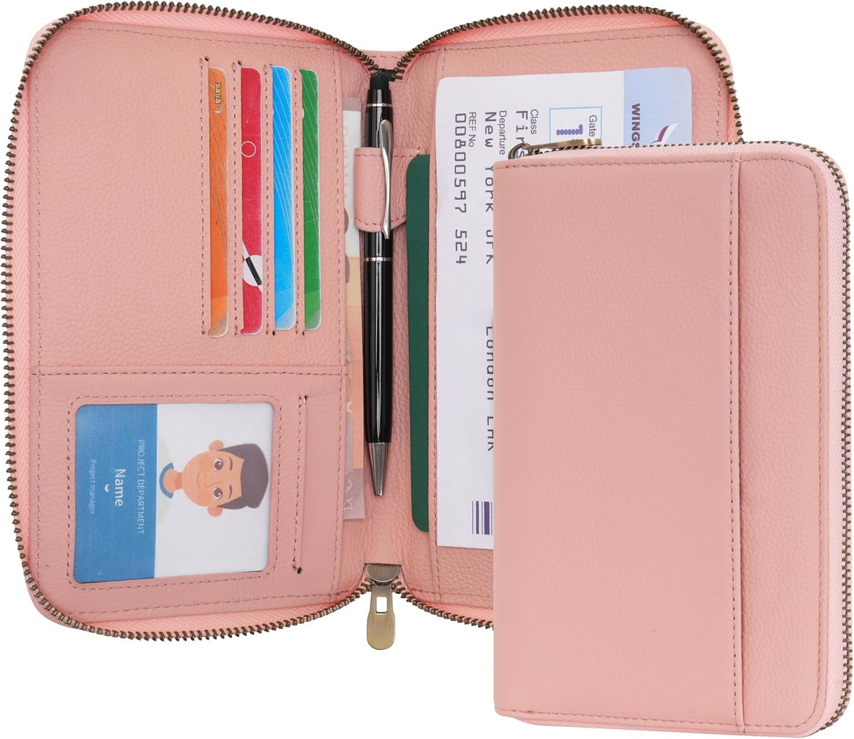 Leather Zipper Travel Passport Wallet Holder RFID Blocking Cover, Passport case Pocket Slot for Card, Cash, ID, Boarding Pass and Ticket for Men, Women and Family Trips (Brown)