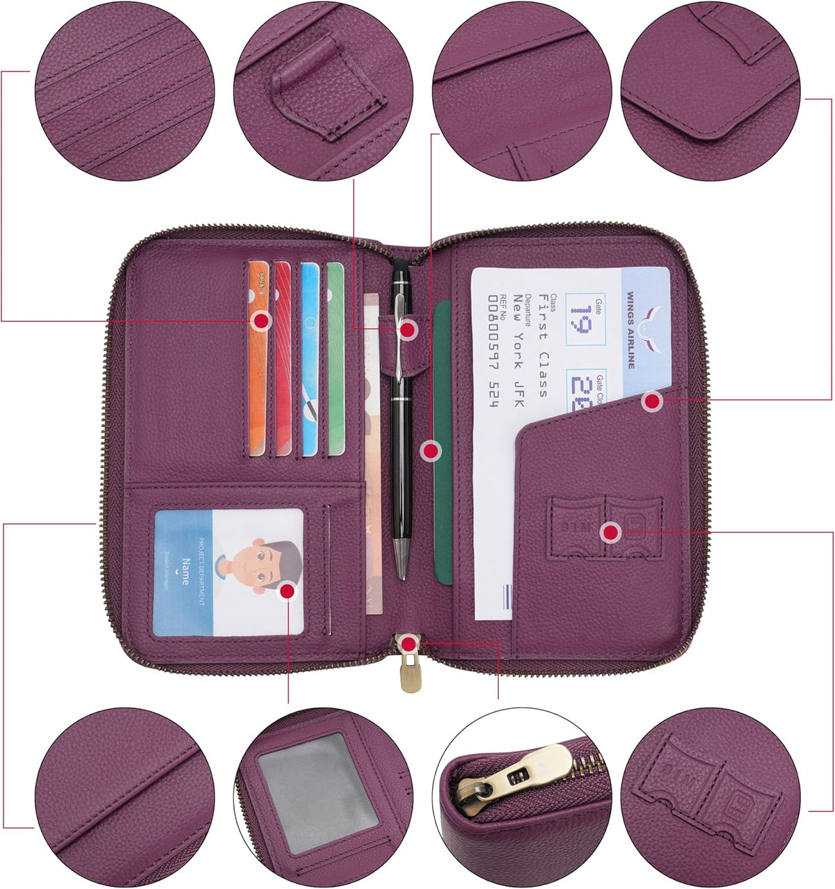 Leather Zipper Travel Passport Wallet Holder RFID Blocking Cover, Passport case Pocket Slot for Card, Cash, ID, Boarding Pass and Ticket for Men, Women and Family Trips (Brown)