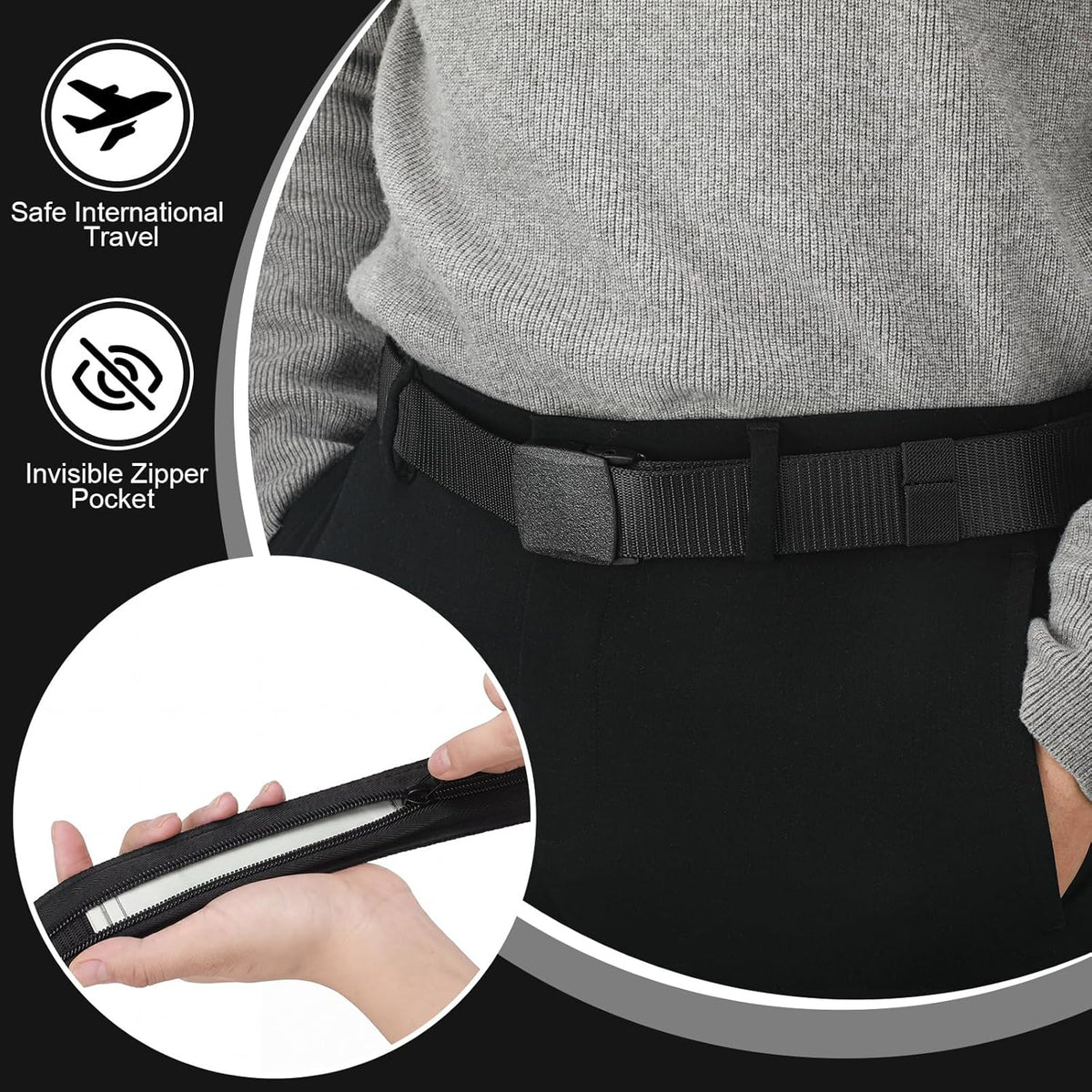2 Pcs Hidden Money Belt for Travel Hidden Pockets Under Clothes Security Money Wallet Nylon Security Cash Safe Anti Theft Tactical Belt with Pouch