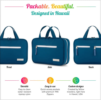Hanging Travel Toiletry Bag — Designed in Hawaii — Water-Resistant Travel Organizer for Bathroom Accessories (Blue)