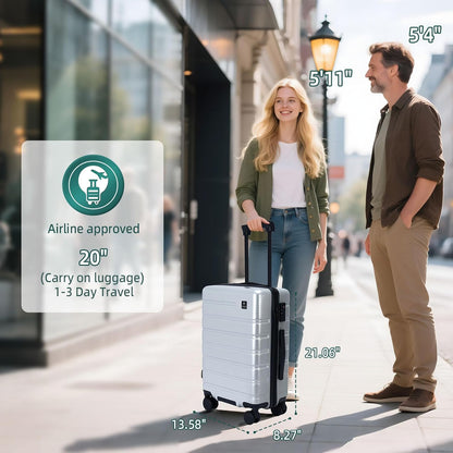 Carry on Luggage, PC Hard Shell Suitcase 22x14x9 Airline Approved TSA Lock YKK Zippered Double Spinner Wheels Lightweight Suitable for Men and Women, 20 Inch Silver