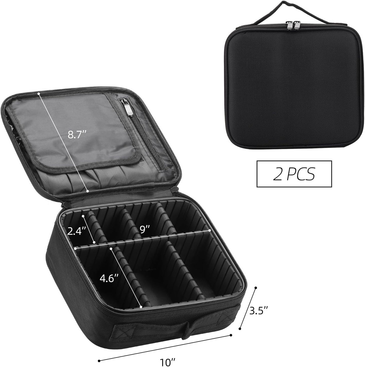 2 Pack Travel Makeup Bag Cosmetic Train Case Organizer Portable Artist Storage Bag with Adjustable Dividers for Cosmetics Makeup Brushes Toiletry Jewelry Black