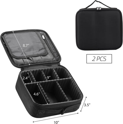 2 Pack Travel Makeup Bag Cosmetic Train Case Organizer Portable Artist Storage Bag with Adjustable Dividers for Cosmetics Makeup Brushes Toiletry Jewelry Black
