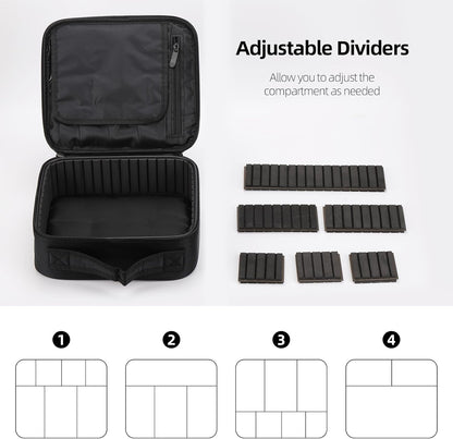 2 Pack Travel Makeup Bag Cosmetic Train Case Organizer Portable Artist Storage Bag with Adjustable Dividers for Cosmetics Makeup Brushes Toiletry Jewelry Black