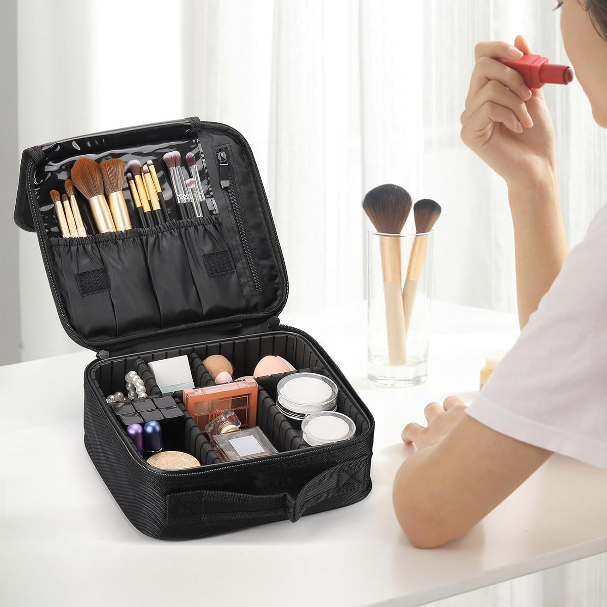 2 Pack Travel Makeup Bag Cosmetic Train Case Organizer Portable Artist Storage Bag with Adjustable Dividers for Cosmetics Makeup Brushes Toiletry Jewelry Black