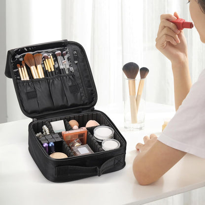 2 Pack Travel Makeup Bag Cosmetic Train Case Organizer Portable Artist Storage Bag with Adjustable Dividers for Cosmetics Makeup Brushes Toiletry Jewelry Black
