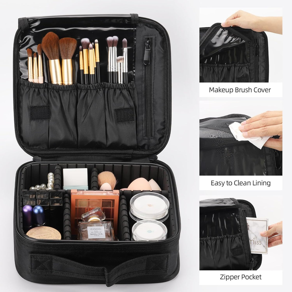 2 Pack Travel Makeup Bag Cosmetic Train Case Organizer Portable Artist Storage Bag with Adjustable Dividers for Cosmetics Makeup Brushes Toiletry Jewelry Black