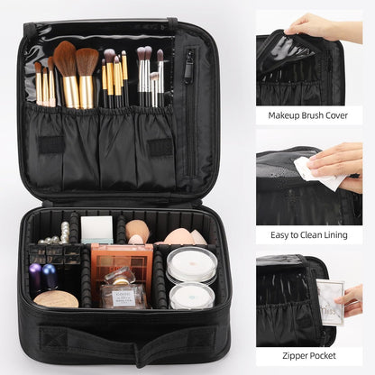 2 Pack Travel Makeup Bag Cosmetic Train Case Organizer Portable Artist Storage Bag with Adjustable Dividers for Cosmetics Makeup Brushes Toiletry Jewelry Black