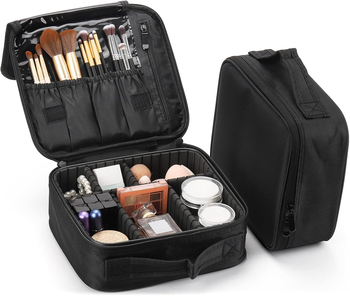 2 Pack Travel Makeup Bag Cosmetic Train Case Organizer Portable Artist Storage Bag with Adjustable Dividers for Cosmetics Makeup Brushes Toiletry Jewelry Black