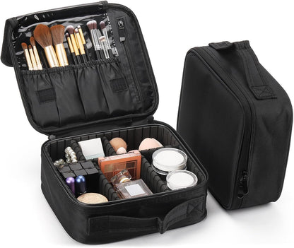 2 Pack Travel Makeup Bag Cosmetic Train Case Organizer Portable Artist Storage Bag with Adjustable Dividers for Cosmetics Makeup Brushes Toiletry Jewelry Black
