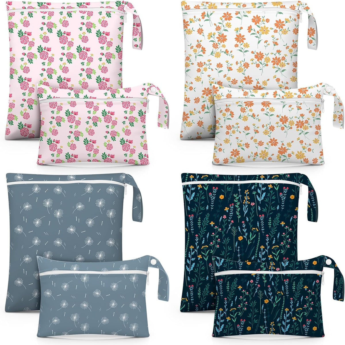 8 Pack Wet Dry Bags Large & Small Waterproof Reusable Travel Zipper Pouches for Baby Diapers Family Wet Clothes Beach Swimsuits Toiletries(4 Sizes,Combination,Multicolor)