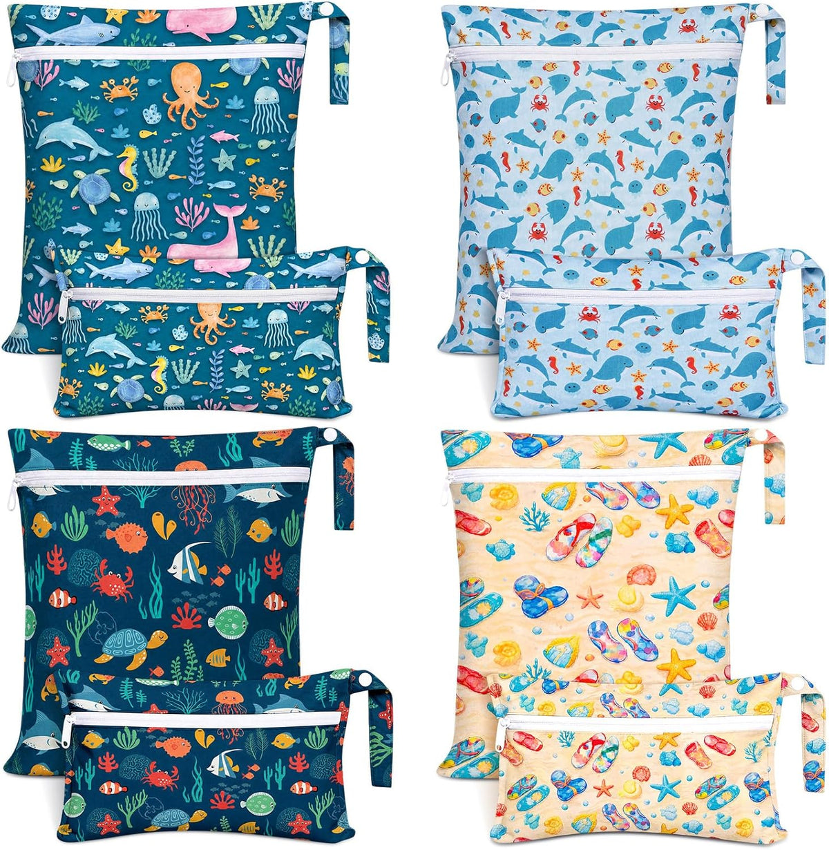 8 Pack Wet Dry Bags Large & Small Waterproof Reusable Travel Zipper Pouches for Baby Diapers Family Wet Clothes Beach Swimsuits Toiletries(4 Sizes,Combination,Multicolor)