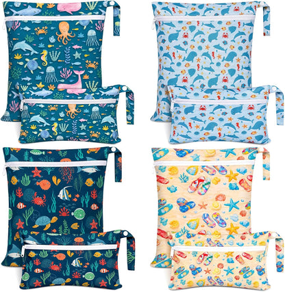 8 Pack Wet Dry Bags Large & Small Waterproof Reusable Travel Zipper Pouches for Baby Diapers Family Wet Clothes Beach Swimsuits Toiletries(4 Sizes,Combination,Multicolor)