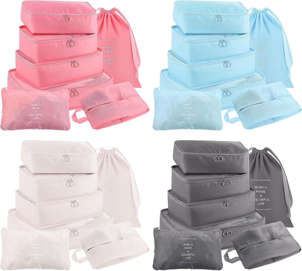 28 Set Packing Cubes for Travel Luggage Organizer Bags Foldable Travel Organizers with Mesh Shoe Bags Toiletry for Suitcases Family Trips Camping (Beige Gray Pink Light Blue)