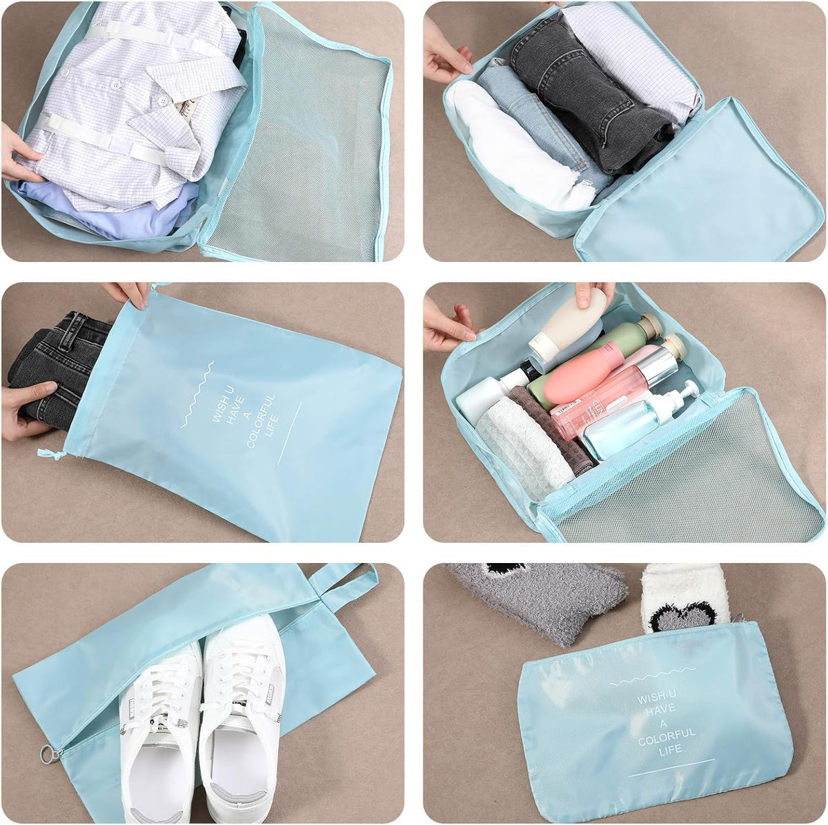 28 Set Packing Cubes for Travel Luggage Organizer Bags Foldable Travel Organizers with Mesh Shoe Bags Toiletry for Suitcases Family Trips Camping (Beige Gray Pink Light Blue)