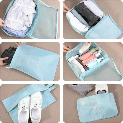 28 Set Packing Cubes for Travel Luggage Organizer Bags Foldable Travel Organizers with Mesh Shoe Bags Toiletry for Suitcases Family Trips Camping (Beige Gray Pink Light Blue)