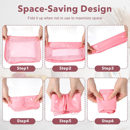 28 Set Packing Cubes for Travel Luggage Organizer Bags Foldable Travel Organizers with Mesh Shoe Bags Toiletry for Suitcases Family Trips Camping (Beige Gray Pink Light Blue)
