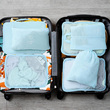 28 Set Packing Cubes for Travel Luggage Organizer Bags Foldable Travel Organizers with Mesh Shoe Bags Toiletry for Suitcases Family Trips Camping (Beige Gray Pink Light Blue)