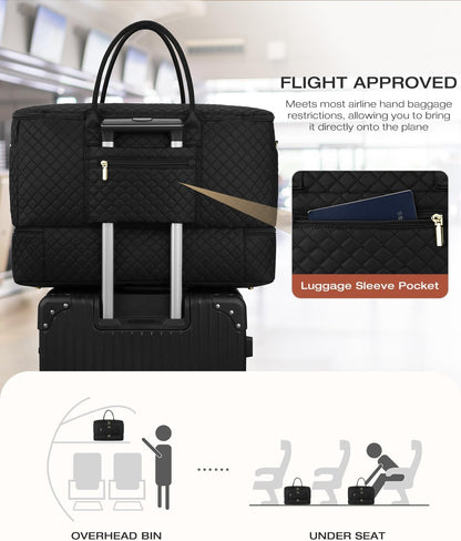 Travel Duffle Bag, Wide Open Large Weekender Bag for Women with Shoe Compartment, Carry on Overnight Bags with Toiletry Bag, Hospital Bag for Women Labor Delivery with Wet Pocket (Black)