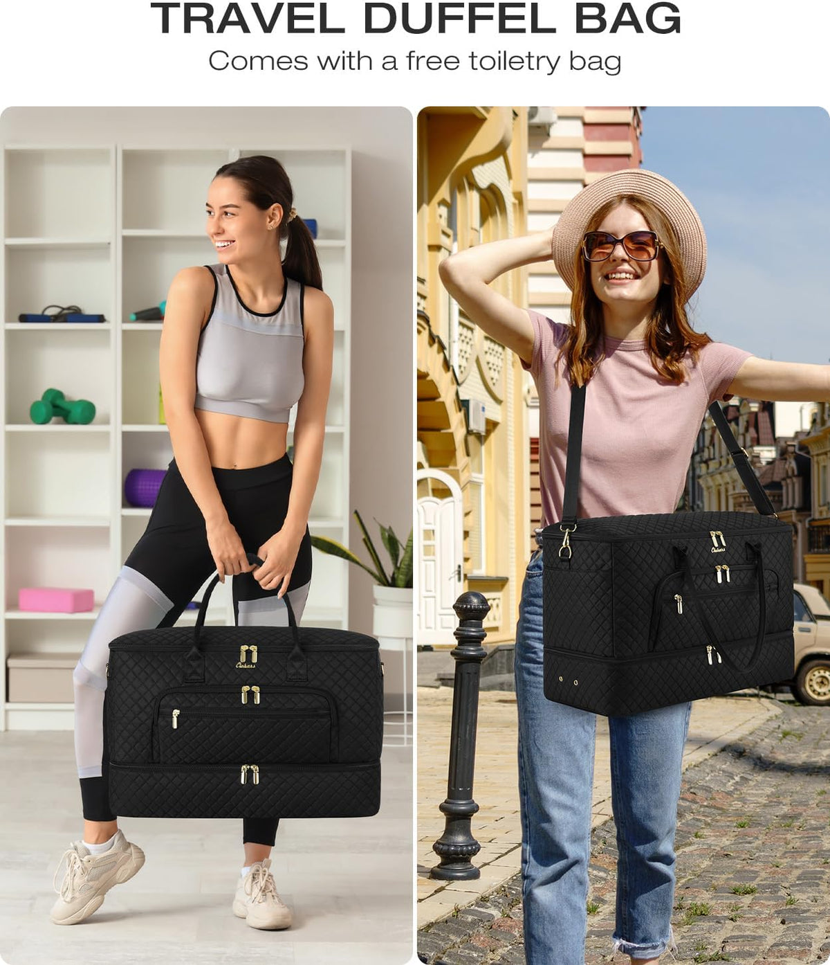 Travel Duffle Bag, Wide Open Large Weekender Bag for Women with Shoe Compartment, Carry on Overnight Bags with Toiletry Bag, Hospital Bag for Women Labor Delivery with Wet Pocket (Black)