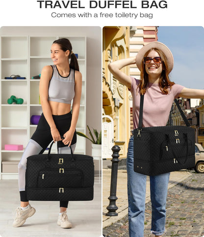 Travel Duffle Bag, Wide Open Large Weekender Bag for Women with Shoe Compartment, Carry on Overnight Bags with Toiletry Bag, Hospital Bag for Women Labor Delivery with Wet Pocket (Black)