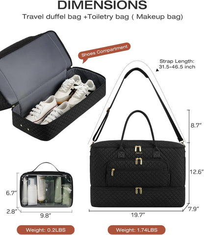 Travel Duffle Bag, Wide Open Large Weekender Bag for Women with Shoe Compartment, Carry on Overnight Bags with Toiletry Bag, Hospital Bag for Women Labor Delivery with Wet Pocket (Black)