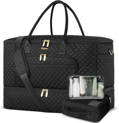 Travel Duffle Bag, Wide Open Large Weekender Bag for Women with Shoe Compartment, Carry on Overnight Bags with Toiletry Bag, Hospital Bag for Women Labor Delivery with Wet Pocket (Black)