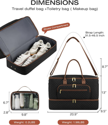Travel Duffle Bag, Wide Open Large Weekender Bag for Women with Shoe Compartment, Carry on Overnight Bags with Toiletry Bag, Hospital Bag for Women Labor Delivery with Wet Pocket (Black)