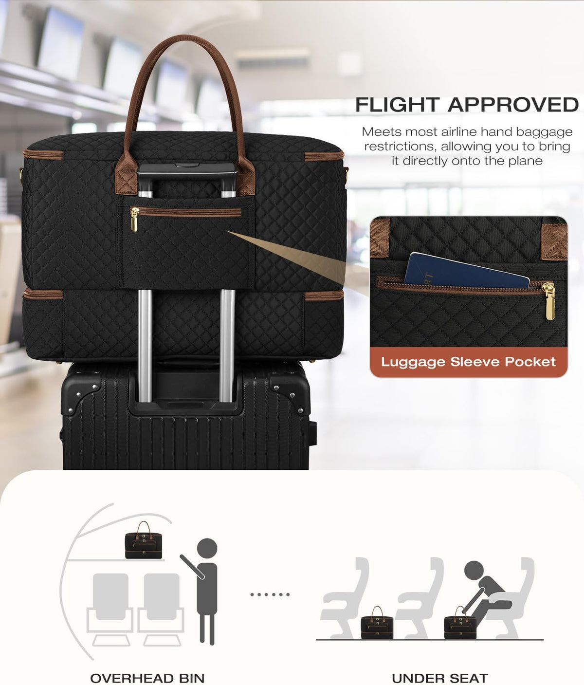 Travel Duffle Bag, Wide Open Large Weekender Bag for Women with Shoe Compartment, Carry on Overnight Bags with Toiletry Bag, Hospital Bag for Women Labor Delivery with Wet Pocket (Black)
