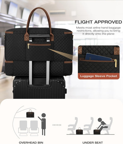 Travel Duffle Bag, Wide Open Large Weekender Bag for Women with Shoe Compartment, Carry on Overnight Bags with Toiletry Bag, Hospital Bag for Women Labor Delivery with Wet Pocket (Black)