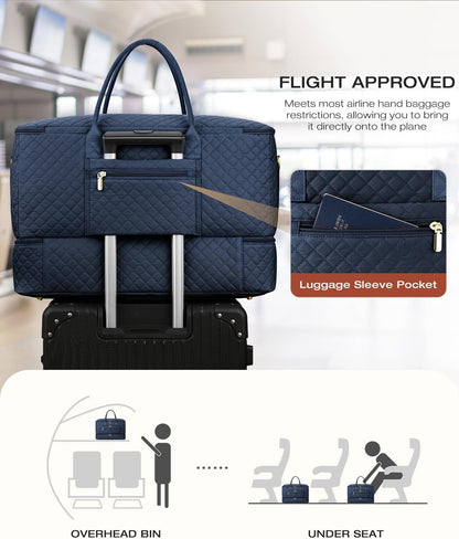 Travel Duffle Bag, Wide Open Large Weekender Bag for Women with Shoe Compartment, Carry on Overnight Bags with Toiletry Bag, Hospital Bag for Women Labor Delivery with Wet Pocket (Black)