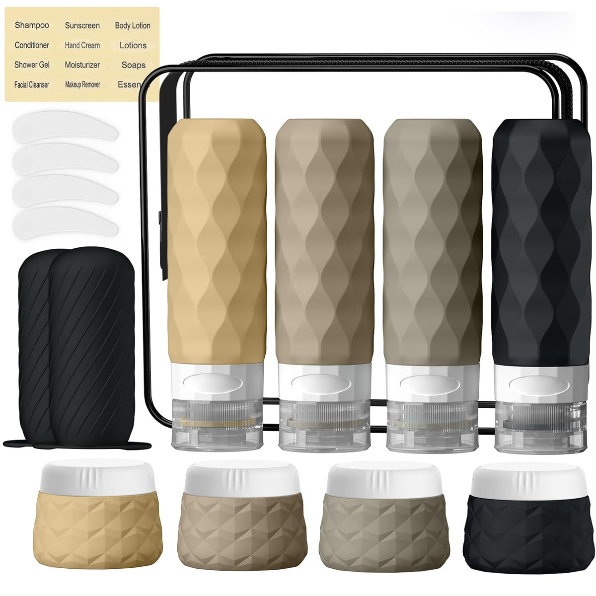 16Pack Travel Bottles for Toiletries, TSA Approved Travel Size Toiletries Containers Set, Silicone Leak Proof Refillable Bottles Elastic Sleeves Creams Jars Accessories Kit W/Clear Bag (Cream)