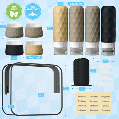 16Pack Travel Bottles for Toiletries, TSA Approved Travel Size Toiletries Containers Set, Silicone Leak Proof Refillable Bottles Elastic Sleeves Creams Jars Accessories Kit W/Clear Bag (Cream)