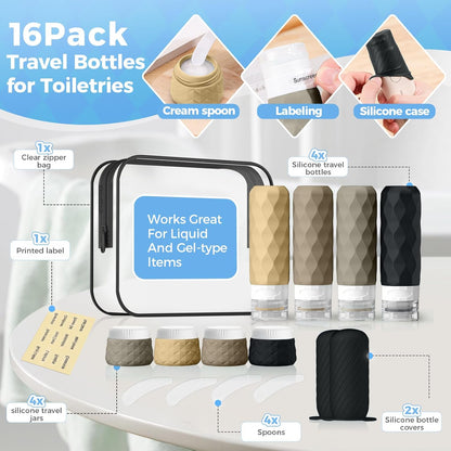 16Pack Travel Bottles for Toiletries, TSA Approved Travel Size Toiletries Containers Set, Silicone Leak Proof Refillable Bottles Elastic Sleeves Creams Jars Accessories Kit W/Clear Bag (Cream)