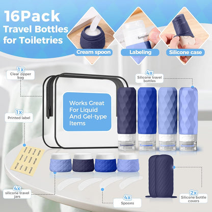 16Pack Travel Bottles for Toiletries, TSA Approved Travel Size Toiletries Containers Set, Silicone Leak Proof Refillable Bottles Elastic Sleeves Creams Jars Accessories Kit W/Clear Bag (Cream)
