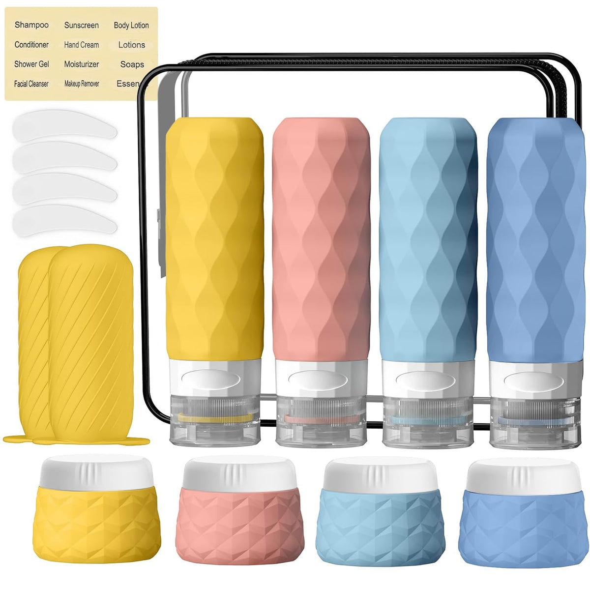 16Pack Travel Bottles for Toiletries, TSA Approved Travel Size Toiletries Containers Set, Silicone Leak Proof Refillable Bottles Elastic Sleeves Creams Jars Accessories Kit W/Clear Bag (Cream)