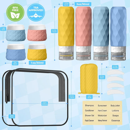 16Pack Travel Bottles for Toiletries, TSA Approved Travel Size Toiletries Containers Set, Silicone Leak Proof Refillable Bottles Elastic Sleeves Creams Jars Accessories Kit W/Clear Bag (Cream)