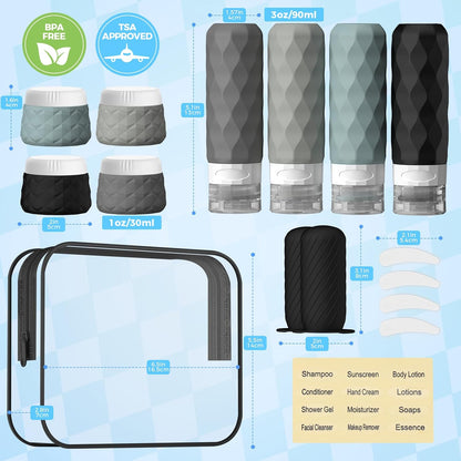 16Pack Travel Bottles for Toiletries, TSA Approved Travel Size Toiletries Containers Set, Silicone Leak Proof Refillable Bottles Elastic Sleeves Creams Jars Accessories Kit W/Clear Bag (Cream)