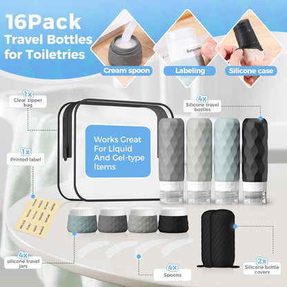 16Pack Travel Bottles for Toiletries, TSA Approved Travel Size Toiletries Containers Set, Silicone Leak Proof Refillable Bottles Elastic Sleeves Creams Jars Accessories Kit W/Clear Bag (Cream)
