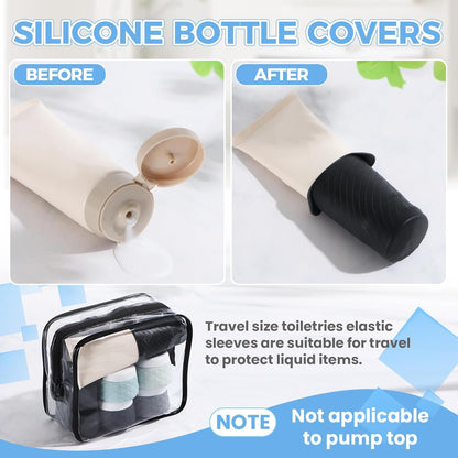 16Pack Travel Bottles for Toiletries, TSA Approved Travel Size Toiletries Containers Set, Silicone Leak Proof Refillable Bottles Elastic Sleeves Creams Jars Accessories Kit W/Clear Bag (Cream)