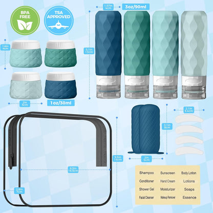 16Pack Travel Bottles for Toiletries, TSA Approved Travel Size Toiletries Containers Set, Silicone Leak Proof Refillable Bottles Elastic Sleeves Creams Jars Accessories Kit W/Clear Bag (Cream)