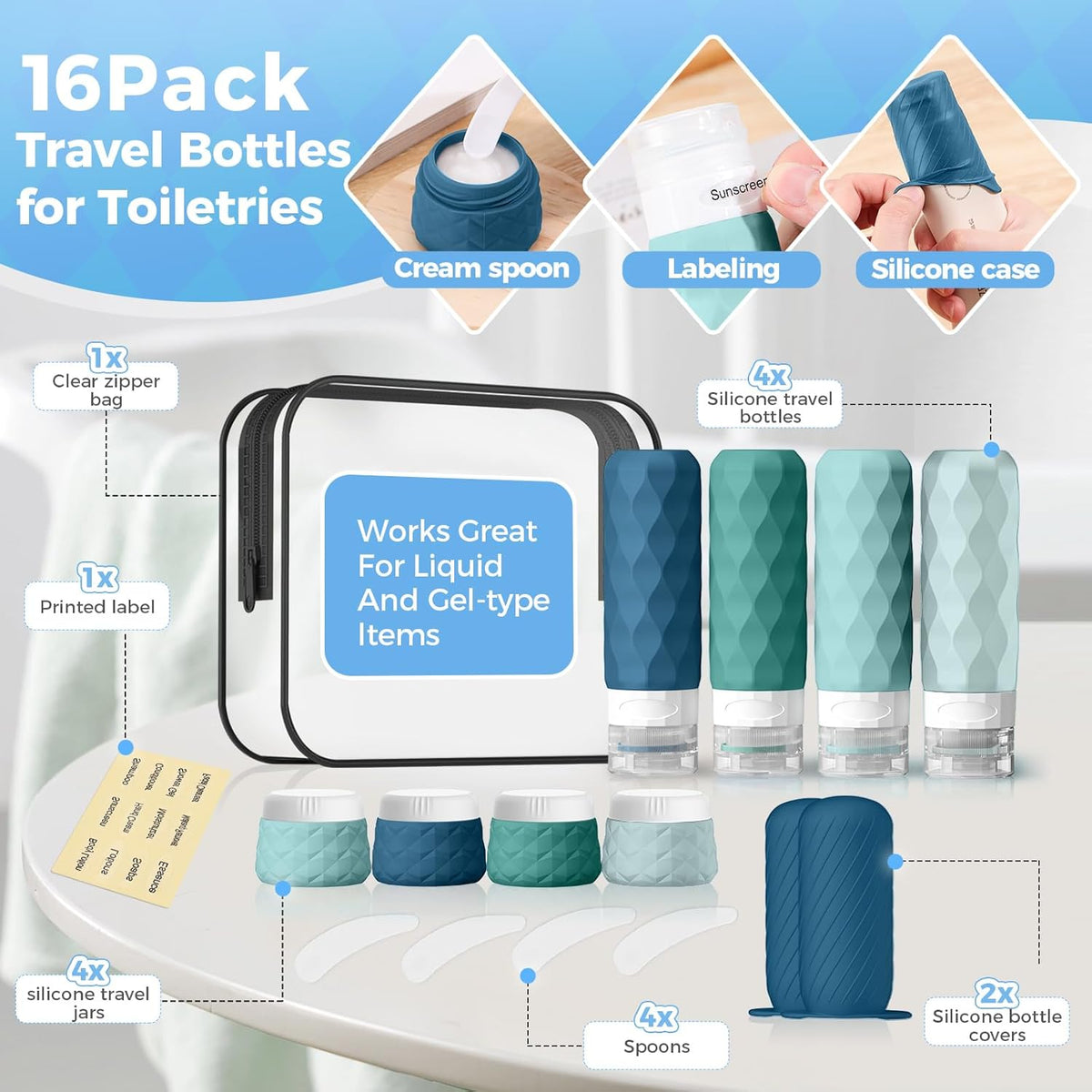 16Pack Travel Bottles for Toiletries, TSA Approved Travel Size Toiletries Containers Set, Silicone Leak Proof Refillable Bottles Elastic Sleeves Creams Jars Accessories Kit W/Clear Bag (Cream)