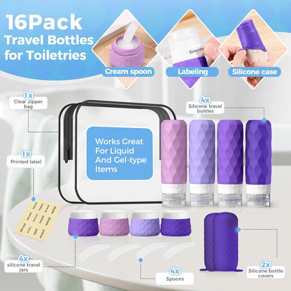 16Pack Travel Bottles for Toiletries, TSA Approved Travel Size Toiletries Containers Set, Silicone Leak Proof Refillable Bottles Elastic Sleeves Creams Jars Accessories Kit W/Clear Bag (Cream)